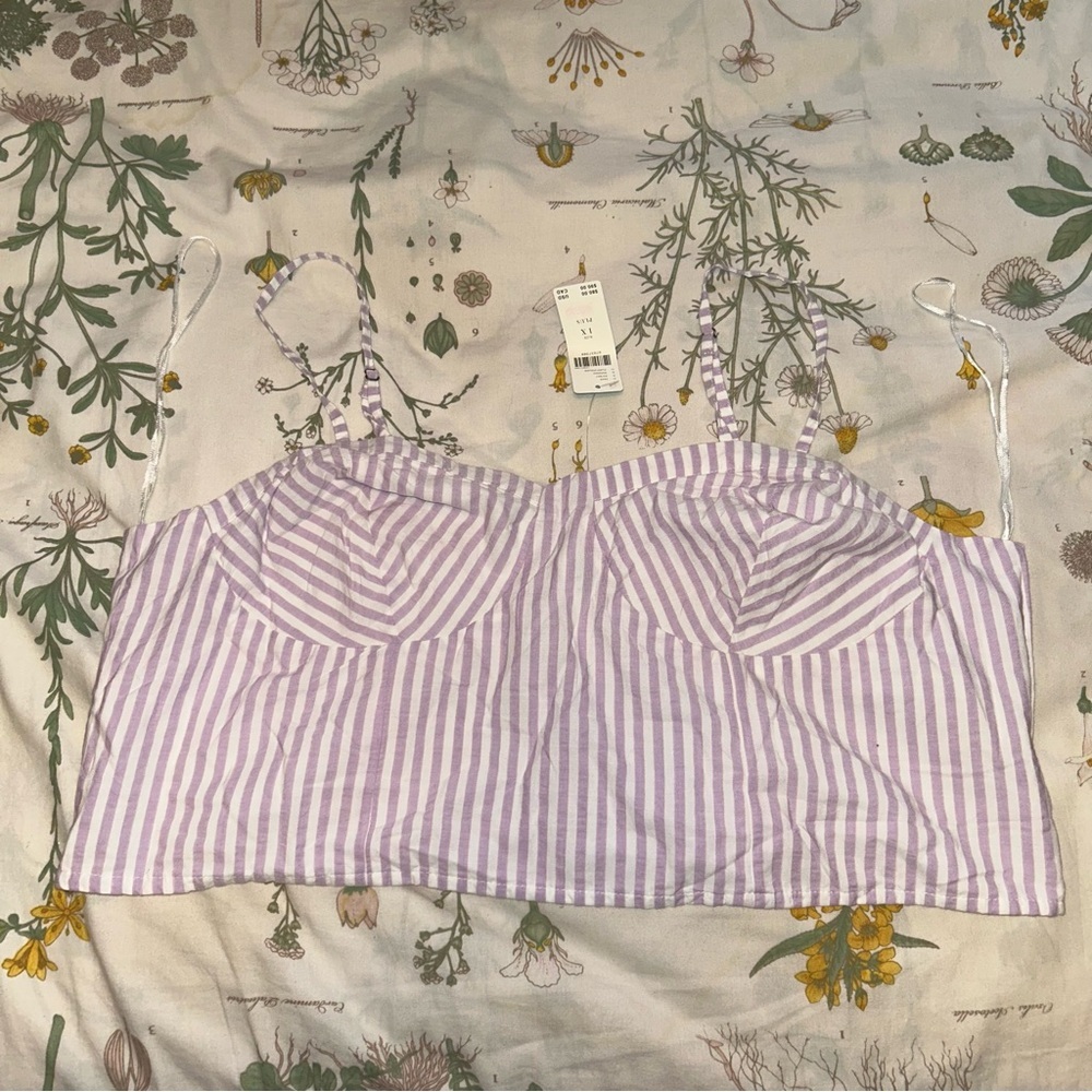 NWT Anthropologie Bustier Purple Stripe Smocked Crop Blouse - Picture 2 of 5